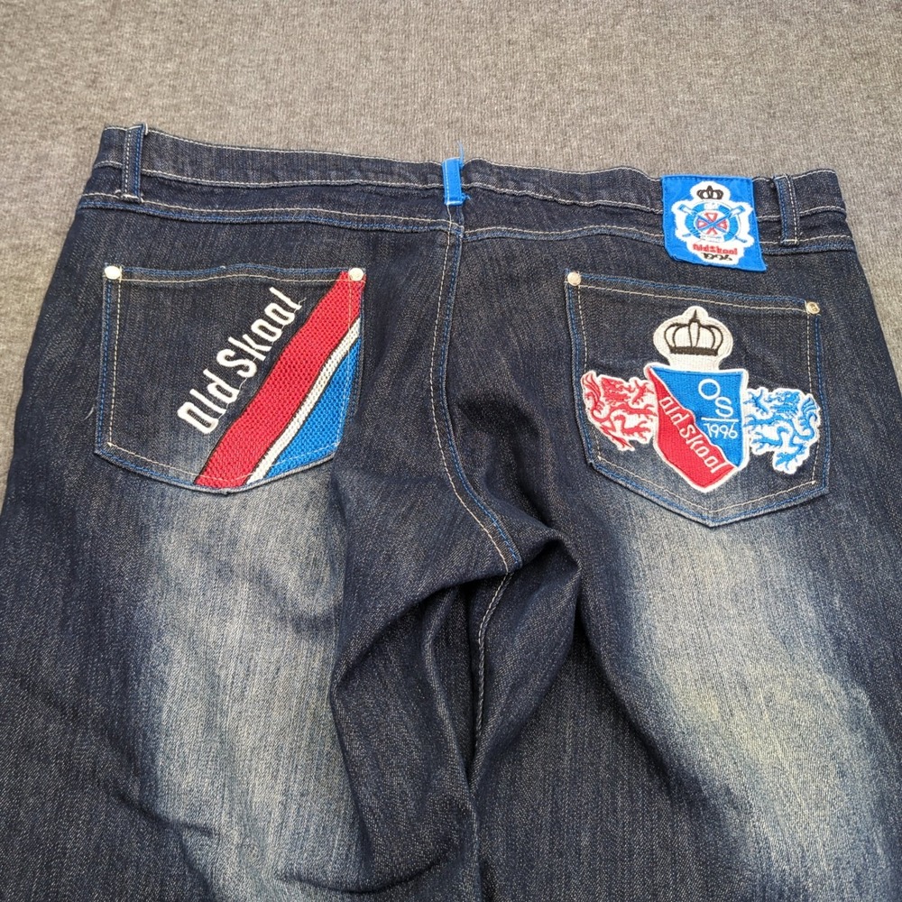 Old Skool Jeans Mens 40x33 Blue Embroidered Baggy Faded Dark Wash Streetwear‎